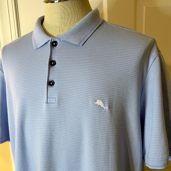 EUC Men's Tommy Bahama Light Blue Stripe Short Sleeve Polo Shirt Size XL - Picture 2 of 2